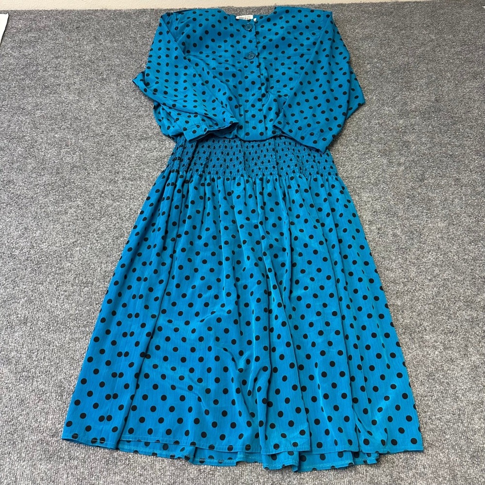 Leslie Fay Dress Womens Size 10P Teal Blue Polka Dot Smocked Waist Vintage Midi